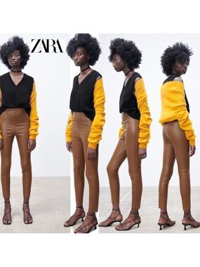 Zara camel brown faux leather high waisted vegan leggings Sz S NWOT